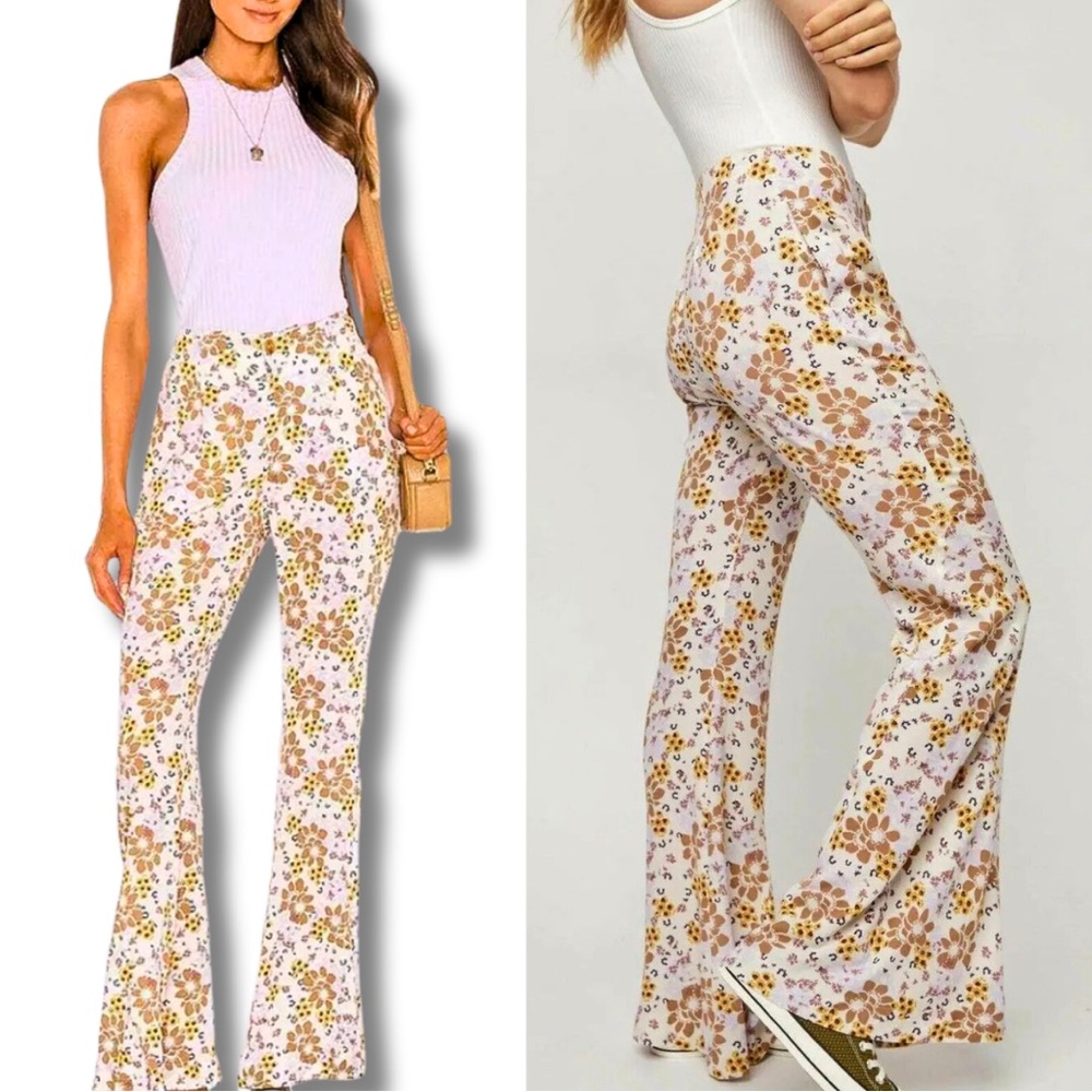 FREE PEOPLE Can’t Take My Eyes Off Of You Floral Flare Pants Size S Boho 70s - Picture 3 of 8